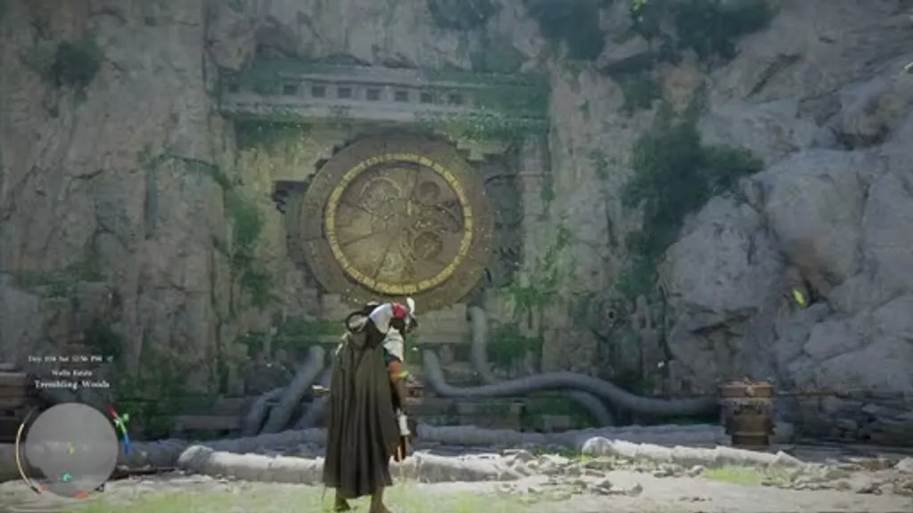 The large golden star-circle dial at the Trembling Woods Ancient Ruins in Crimson Desert, mounted in a cliff face, with three capstan mechanisms below used to align celestial symbols.
