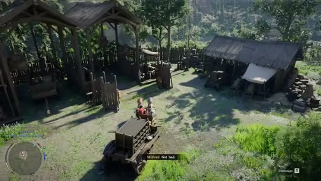 Player driving a wooden cargo wagon into the wagon black market fenced yard in Heidel in Crimson Desert, with the NPC Milford commenting 'Not bad.' as the wagon enters the wooden-fenced compound surrounded by tall pine trees.