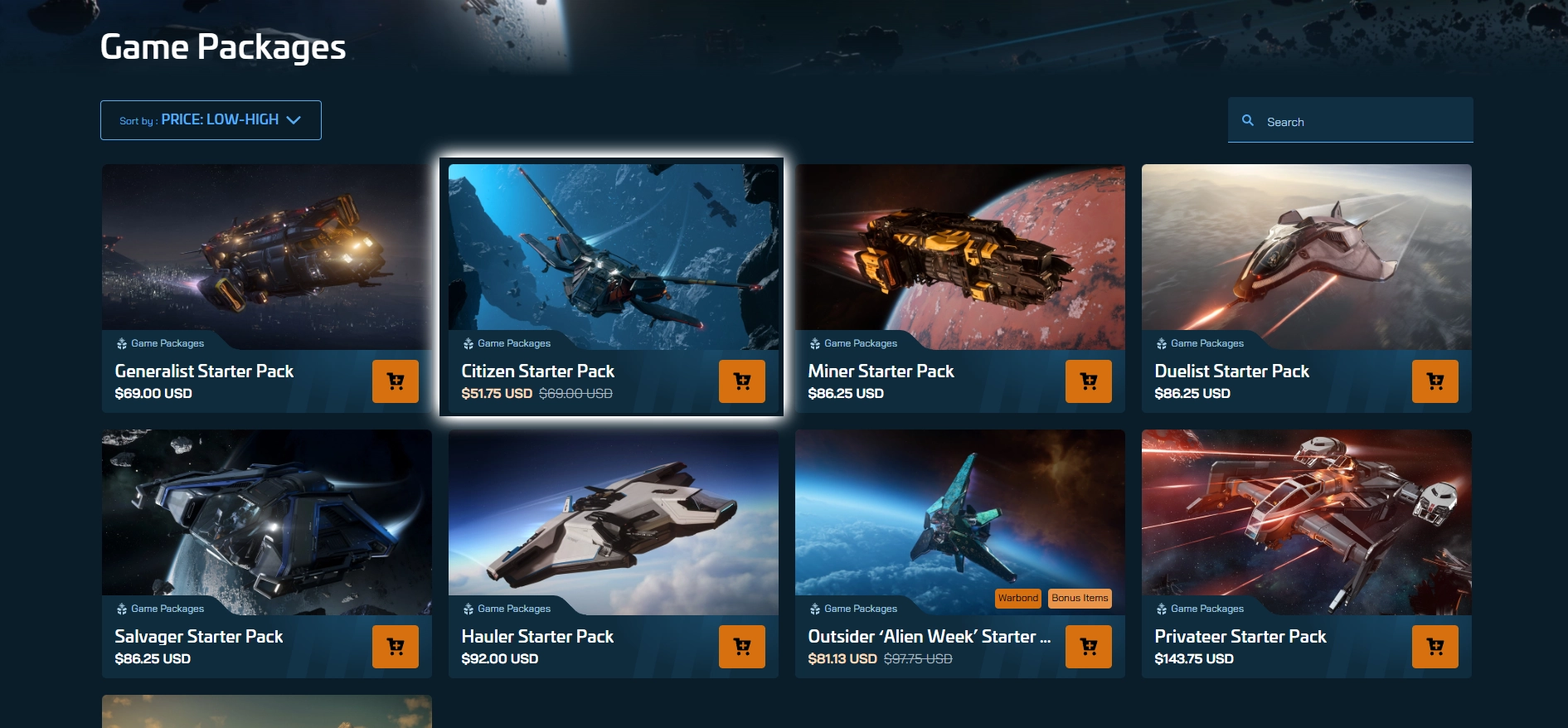 The RSI pledge store in Star Citizen showing the Citizen Starter Pack with the Aurora Mk II as the cheapest game package.