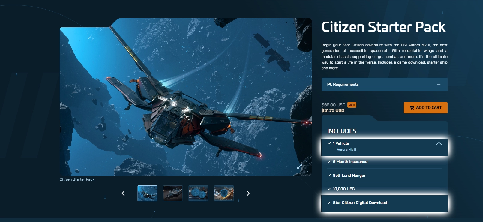 A Star Citizen game package page on the RSI website, listing game access plus an included starter ship.