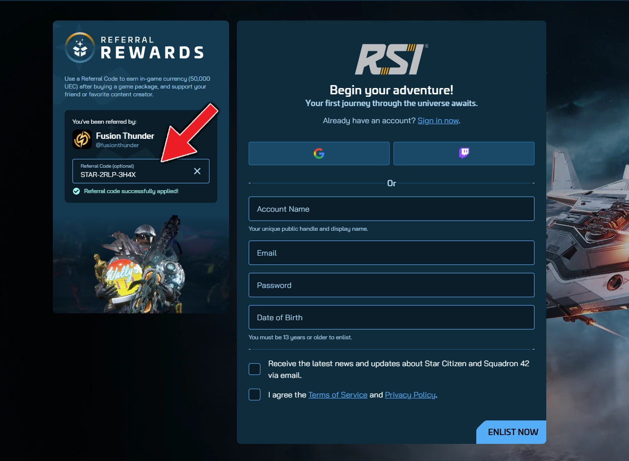 The RSI enlistment form in Star Citizen with the referral code field filled in with STAR-2RLP-3H4X.